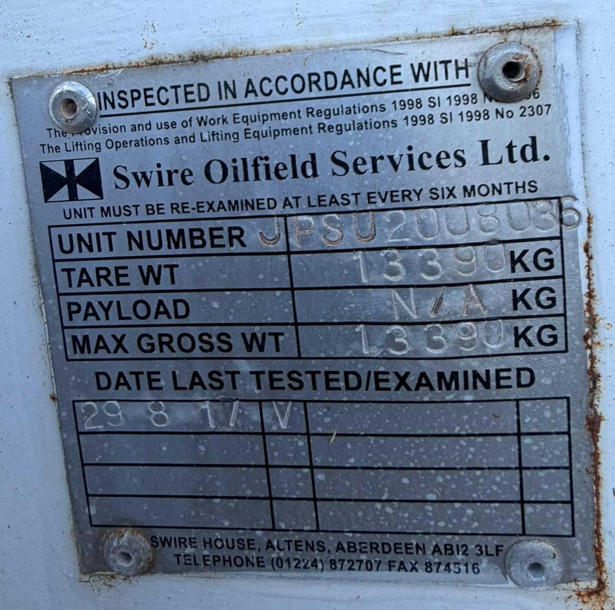 Container lifting inspection plate - 2014 CPG C900 D5 Cummins containerised generator